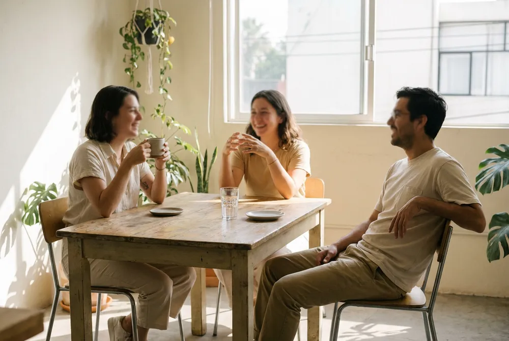 Tres colegas conversan alrededor de una mesa en una oficina con luz de la Ciudad de México