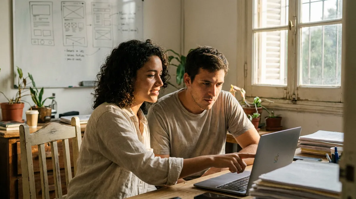 Dos colegas revisan un plan en la laptop, oficina con luz cálida
