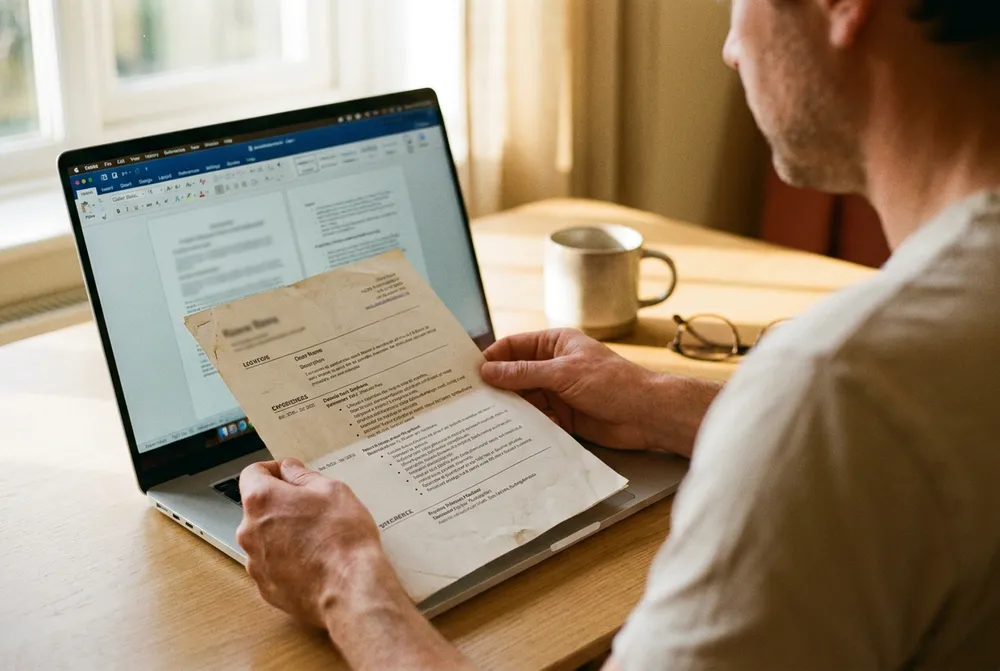 Manos comparando un currículum impreso con las notas en la pantalla de la laptop