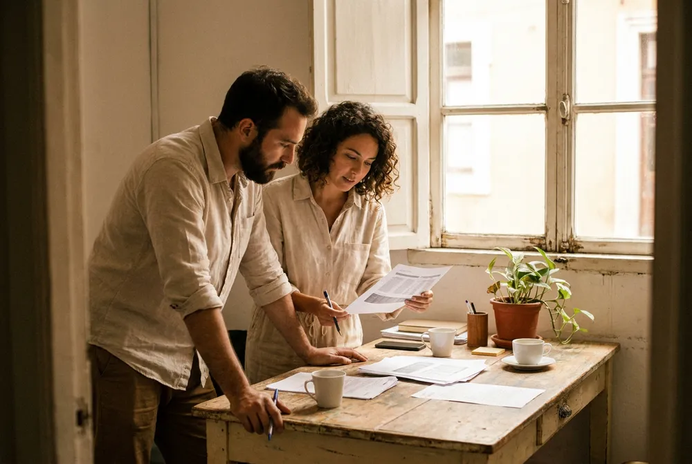 Dos fundadores revisan un documento juntos en una mesa de madera, luz de la mañana